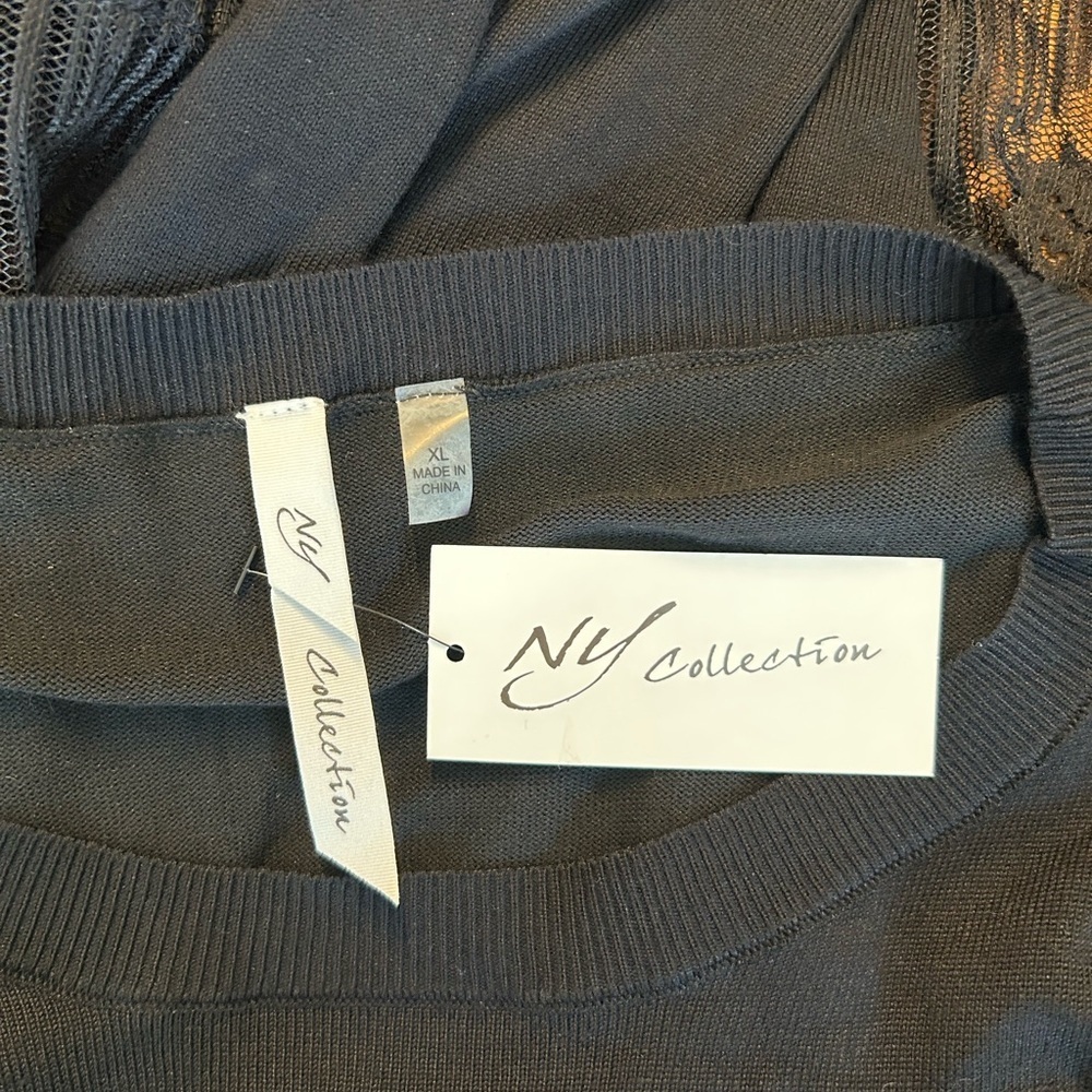 NY Collection Sheer Lace Sleeve Sweater Knit Cocktail Dress SZ XL in Black NEW - Picture 6 of 7